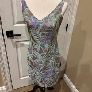 Carmen Marc Valvo Purple and Green Sheath Mini Dress V-Neck Sleeveless
